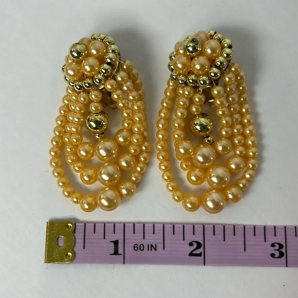 Vintage Faux Pearl Bead Gold Tone Cluster Strand Clip On Earrings OS Retro Glam